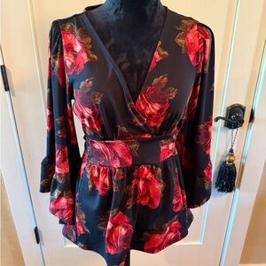 Betsey Johnson Red and Black Floral V Neck Blouse Women’s Size Small